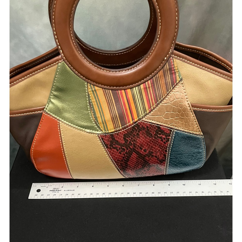 Relic by Fossil Multi-Color Patchwork Handbag Brown Faux Leather Satchel Bag - Picture 10 of 13